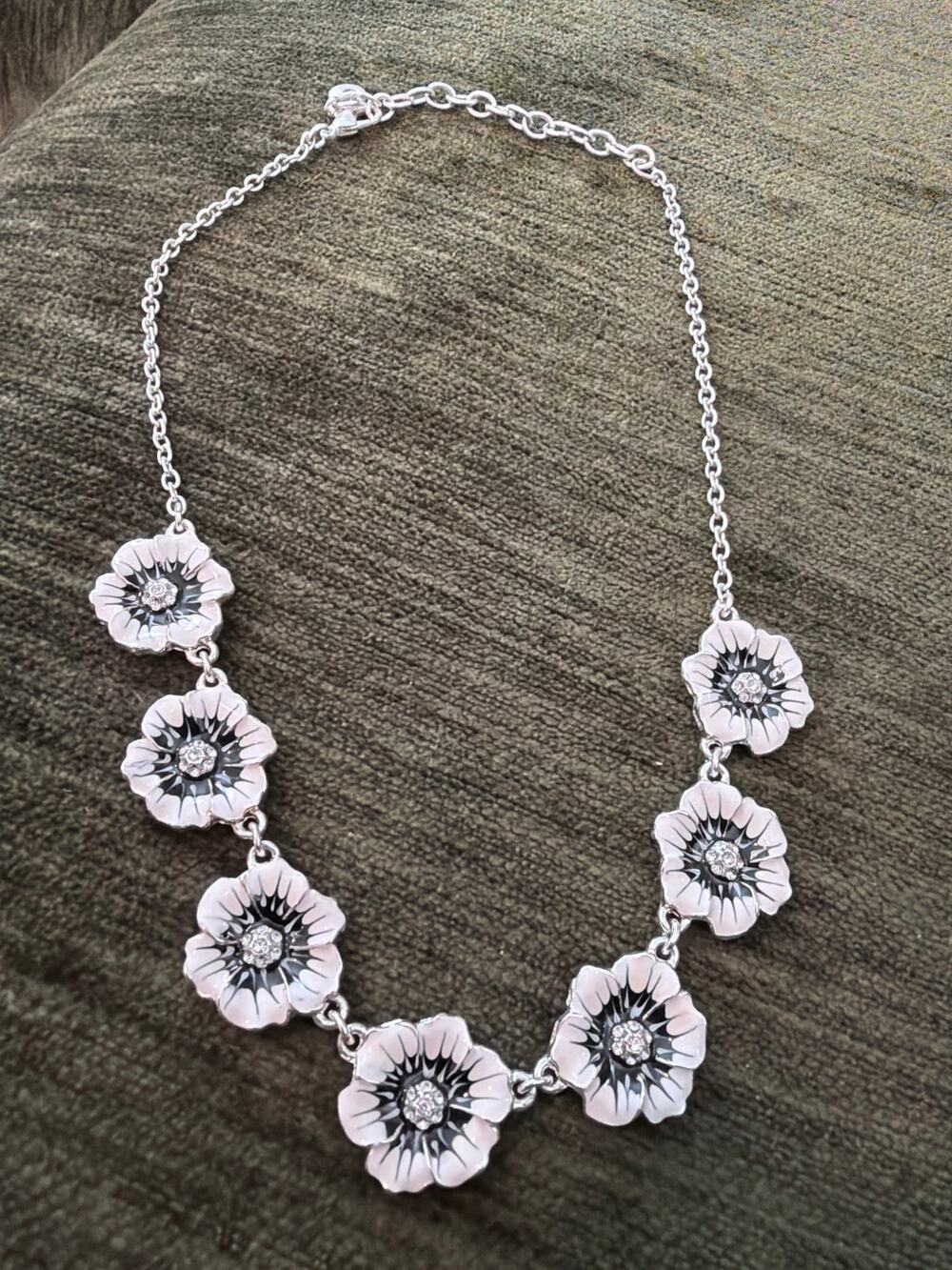 Swarovski Necklace enamel flower necklace Silver Tone crystal centers